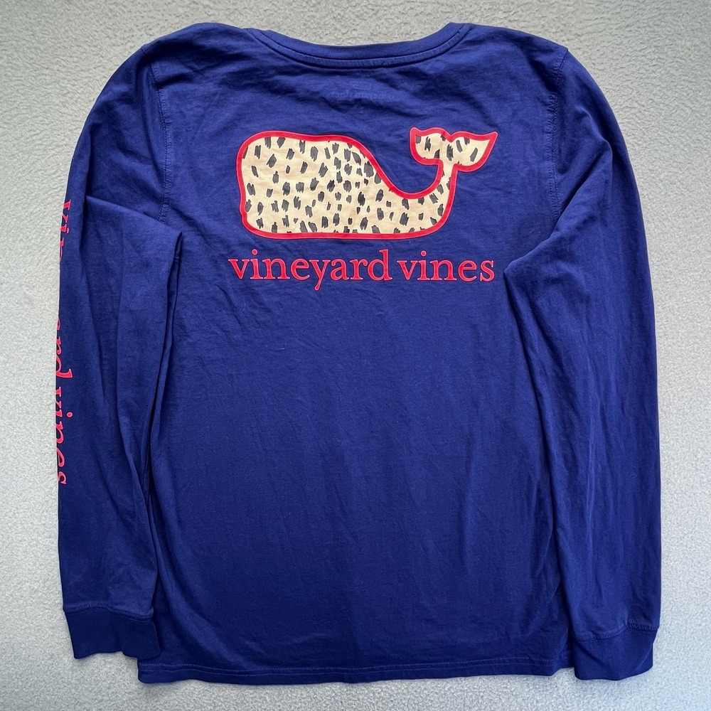 Vineyard Vines Women Long Sleeve T-Shirt Cotton Large Leopard Whale Navy Blue